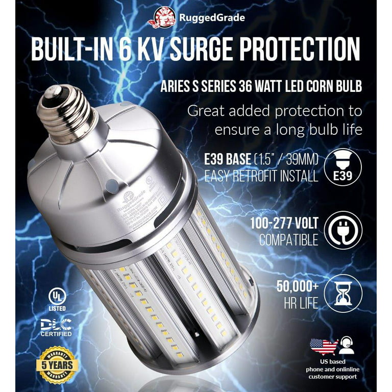 Standard E26 Base Replacement for 70 watt HID/HPS/Metal Halide or CFL High Efficiency 130 Lumen/watt 36 Watt LED Corn Light Bulb 4680 Lumens 4000K Aries S Series LED Corn Light Bulb 